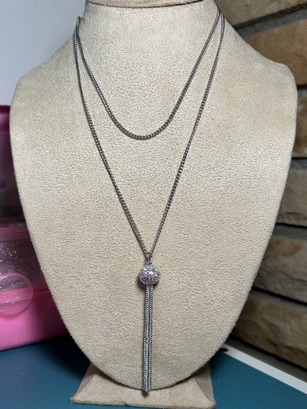 Touchstone Crystal Swarovski Silver Tone Crystal Pavé Ball Tassel Necklace